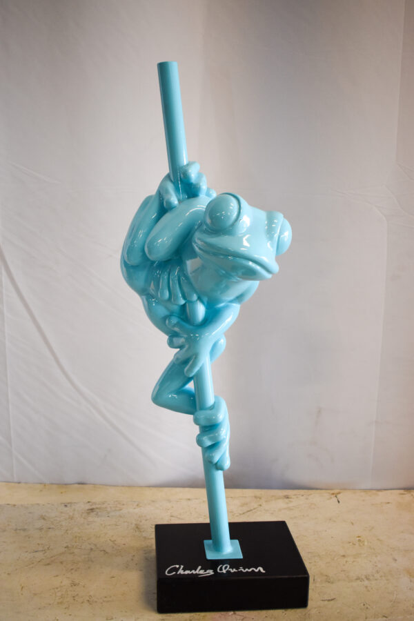Modern Light Blue Lively Frog on Branch Resin Statue 10" x 8" x 28"H - Image 3
