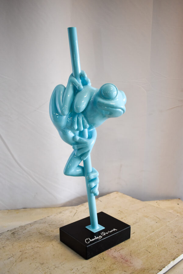 Modern Light Blue Lively Frog on Branch Resin Statue 10" x 8" x 28"H - Image 4