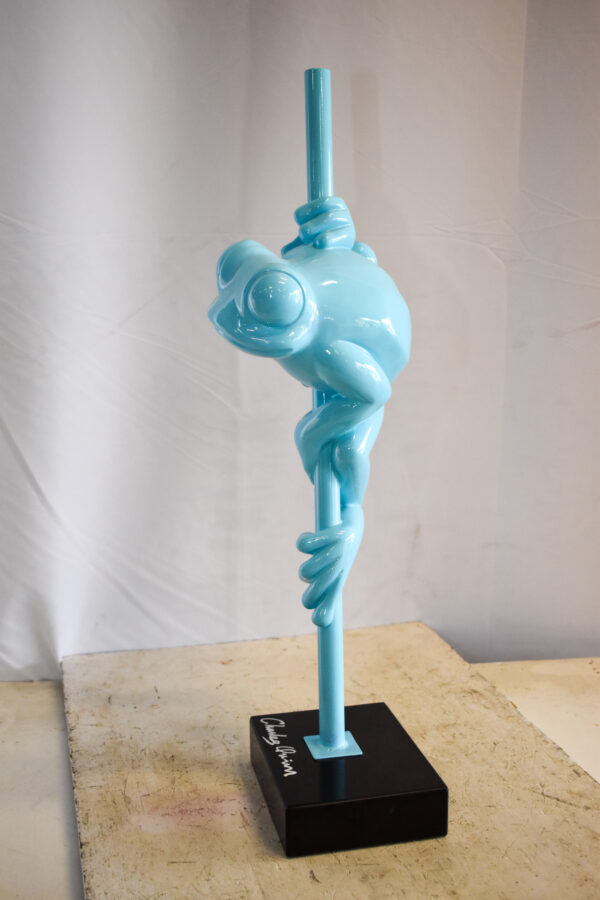 Modern Light Blue Lively Frog on Branch Resin Statue 10" x 8" x 28"H - Image 11