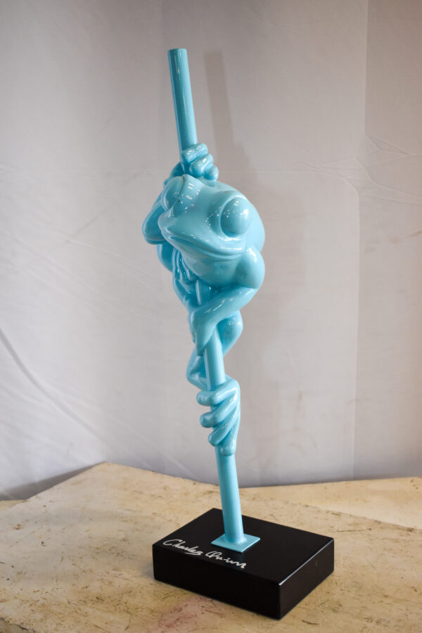 Modern Light Blue Lively Frog on Branch Resin Statue 10" x 8" x 28"H - Image 12