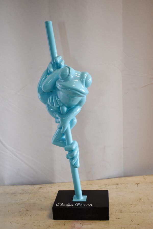 Modern Light Blue Lively Frog on Branch Resin Statue 10" x 8" x 28"H - Image 13