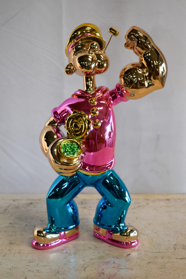Colorful Chrome Popeye Cartoon in Pink Shirt Statue 12" x 8" x 18"H - Image 3