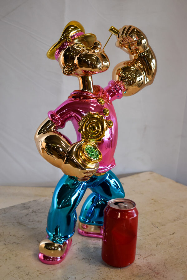 Colorful Chrome Popeye Cartoon in Pink Shirt Statue 12" x 8" x 18"H - Image 4