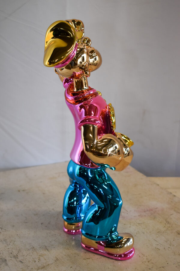 Colorful Chrome Popeye Cartoon in Pink Shirt Statue 12" x 8" x 18"H - Image 7