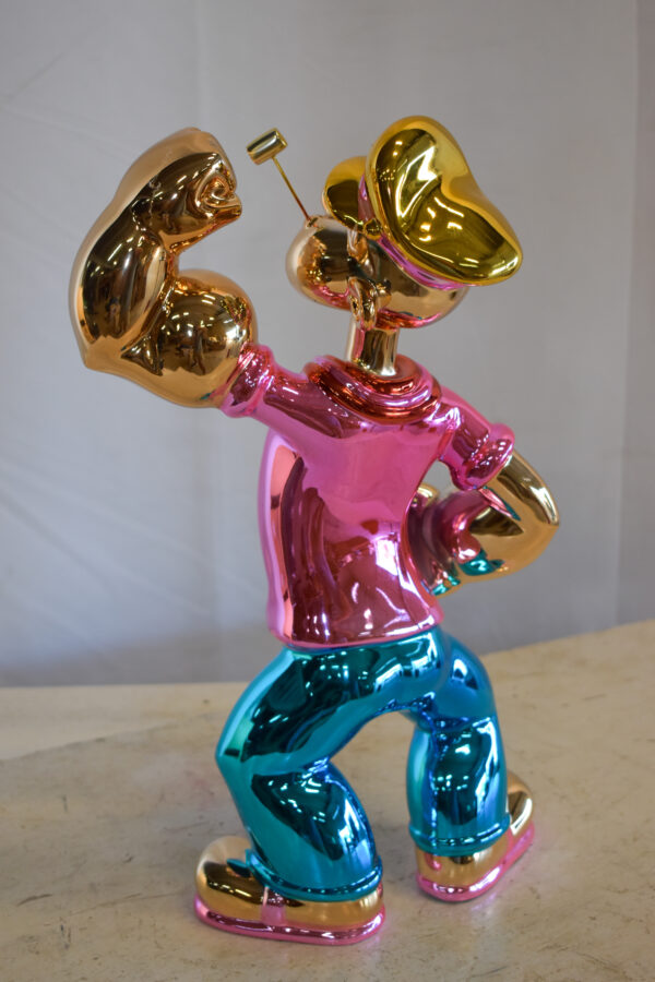 Colorful Chrome Popeye Cartoon in Pink Shirt Statue 12" x 8" x 18"H - Image 9