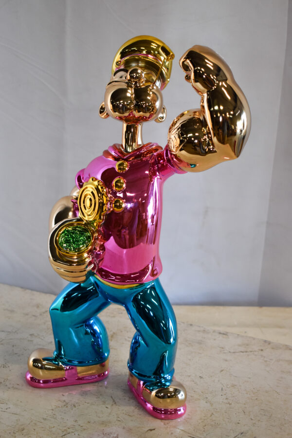 Colorful Chrome Popeye Cartoon in Pink Shirt Statue 12" x 8" x 18"H - Image 12