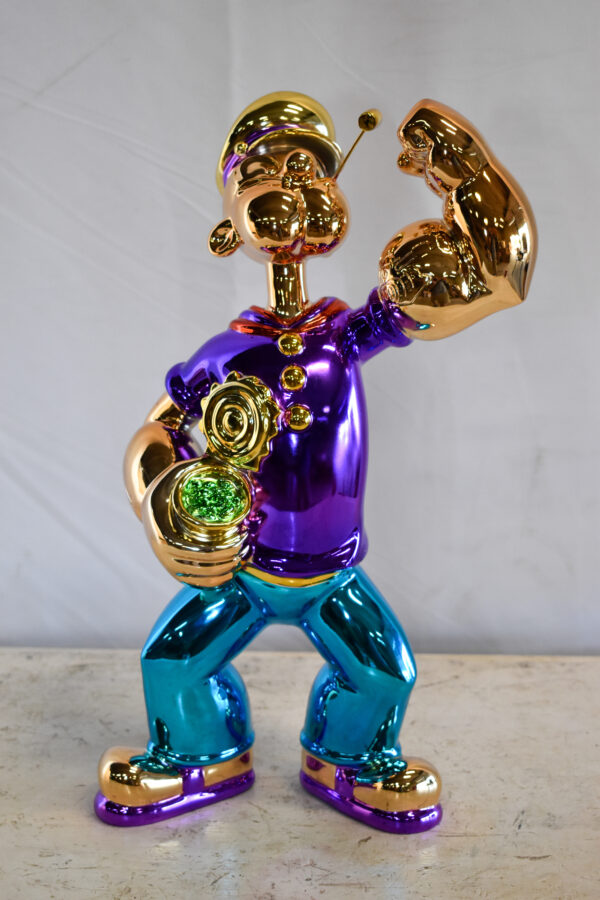 Colorful Chrome Popeye Cartoon in Purple Shirt  Resin Statue 12" x 8" x 18"H - Image 3