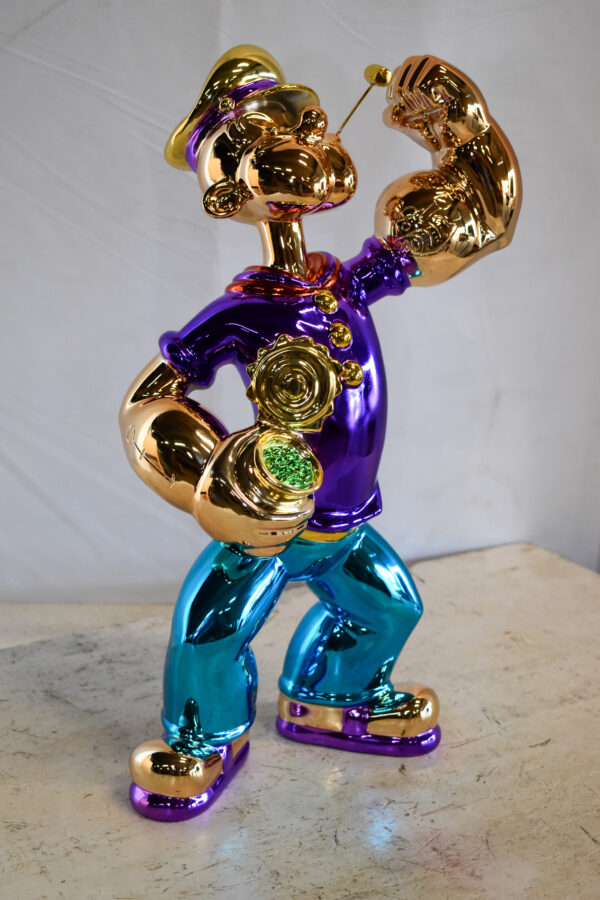 Colorful Chrome Popeye Cartoon in Purple Shirt  Resin Statue 12" x 8" x 18"H - Image 4