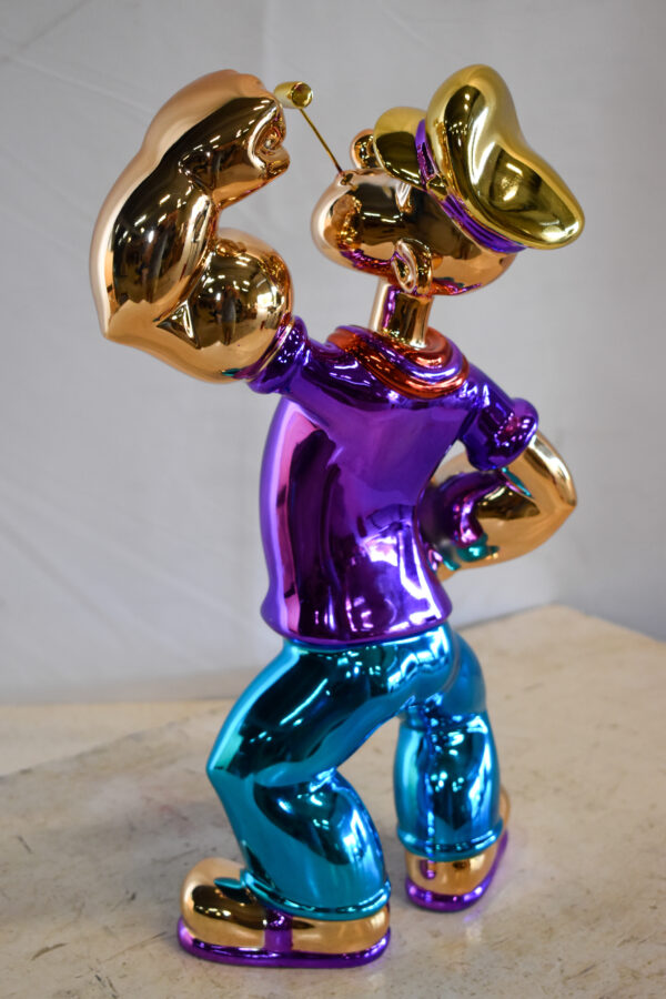 Colorful Chrome Popeye Cartoon in Purple Shirt  Resin Statue 12" x 8" x 18"H - Image 9