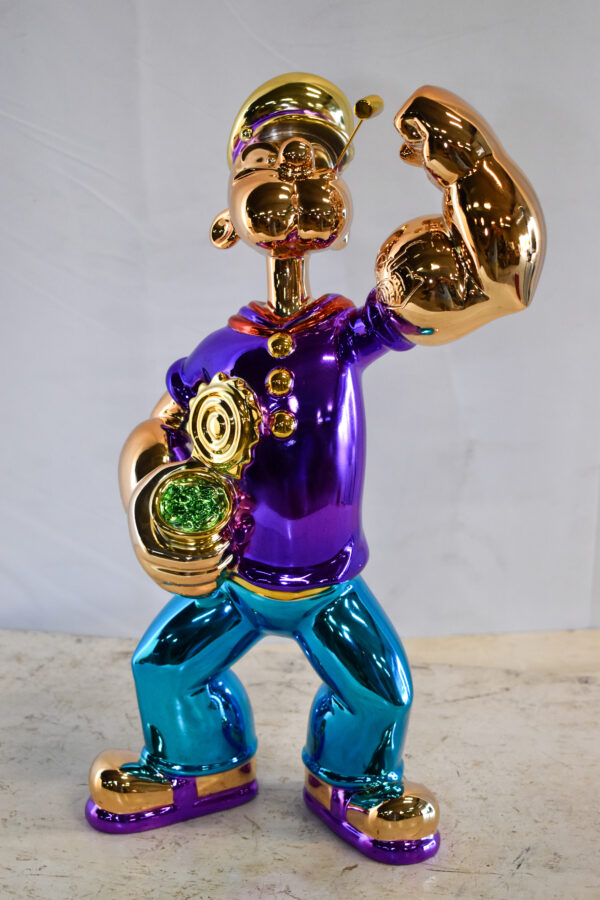 Colorful Chrome Popeye Cartoon in Purple Shirt  Resin Statue 12" x 8" x 18"H - Image 12