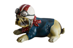 A Happy Dog Dressed in Motorcycle Rider Suit, Resin Statue 9" x 6" x 7"H