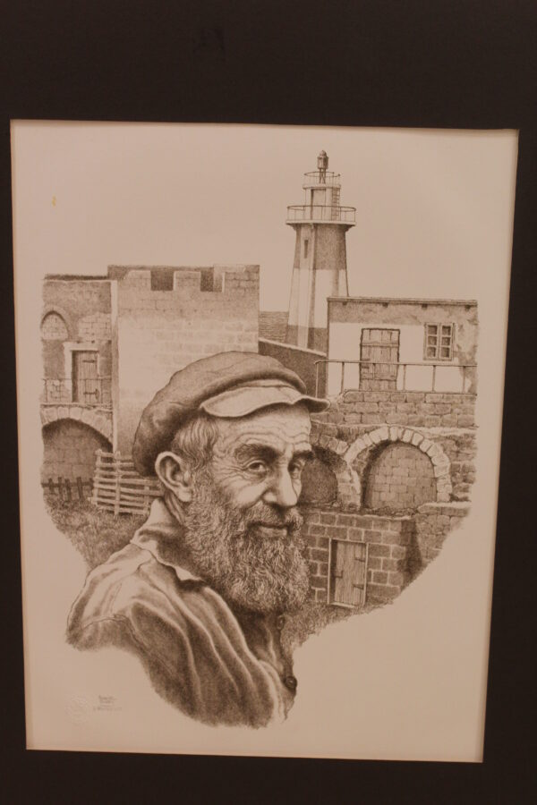 Sailor in Front of Lighthouse Black and White Lithograph 10 x 17