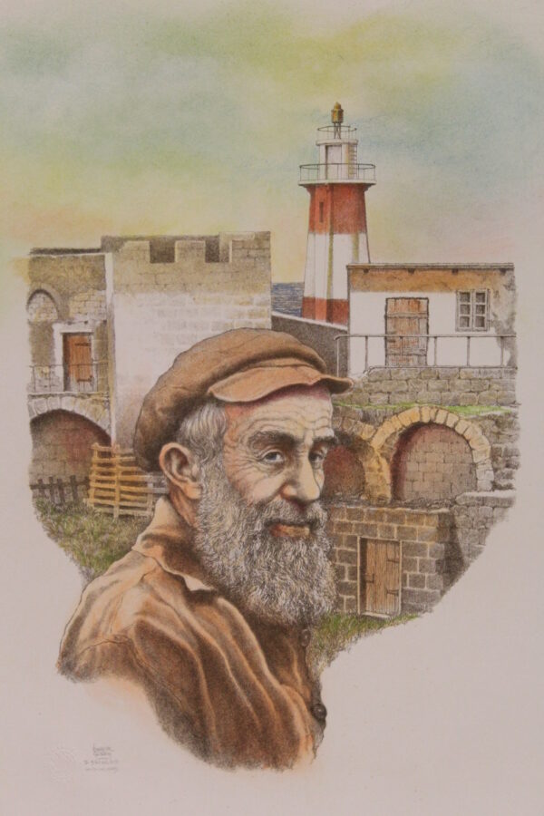 Sailor in Front of Lighthouse Colored Lithograph 10 x 17