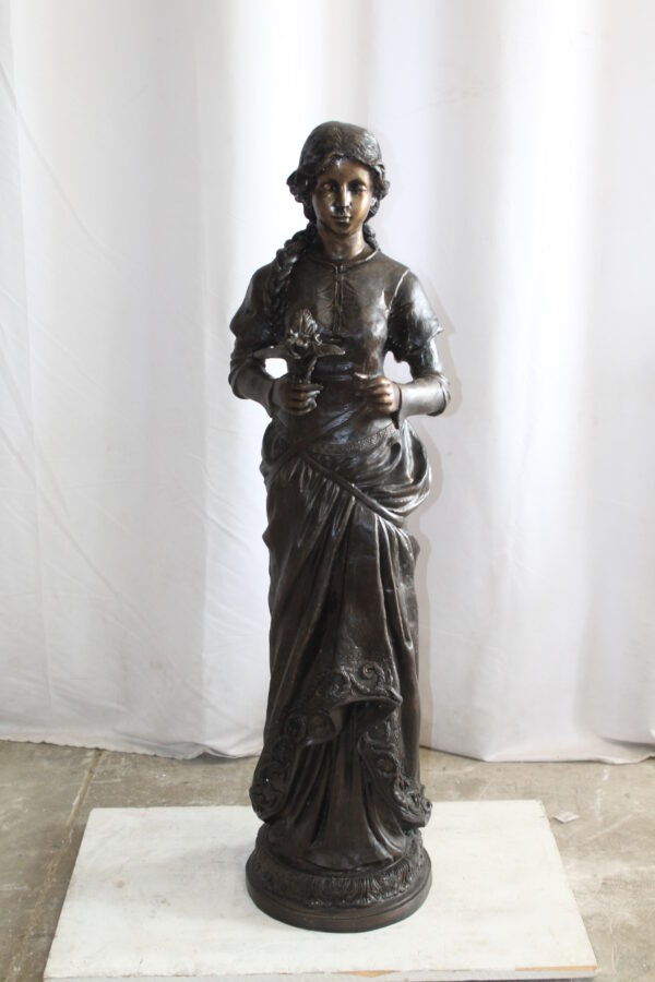 Classic Bronze Statue, Elegant Young Girl holding flowers 13" x 14" x 39"H - Image 3