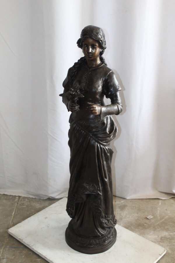 Classic Bronze Statue, Elegant Young Girl holding flowers 13" x 14" x 39"H - Image 10