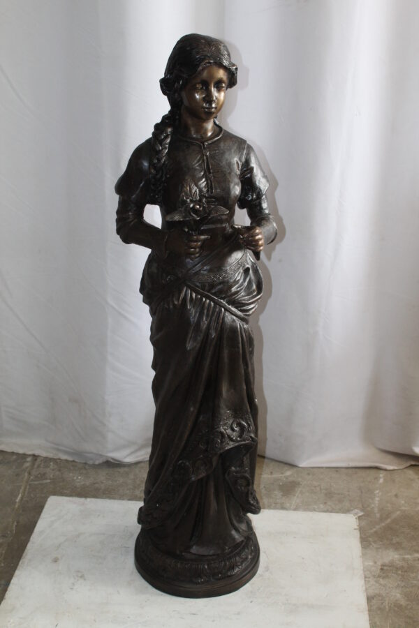 Classic Bronze Statue, Elegant Young Girl holding flowers 13" x 14" x 39"H - Image 11