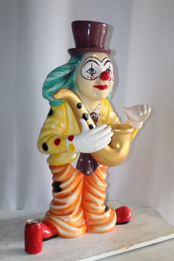 Whimsical Clown Fiberglass Statue, Jazzing Up with Saxophone 19" x 18" x 36"H - Image 3