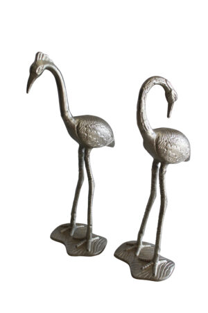 Art Deco Silver Flamingo Pair, Aluminum Decor Set 10" x 7" x 19"H