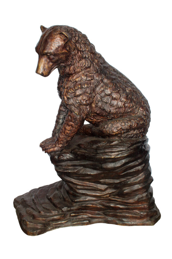 Life Size Bronze Statue of a Bear Sitting on A Rock 43" x 29" x 51"H