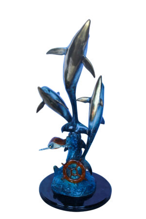 Three Dolphins Jumping, Sea Turtle, Colored Bronze Statue 11" x 11" x 24"H