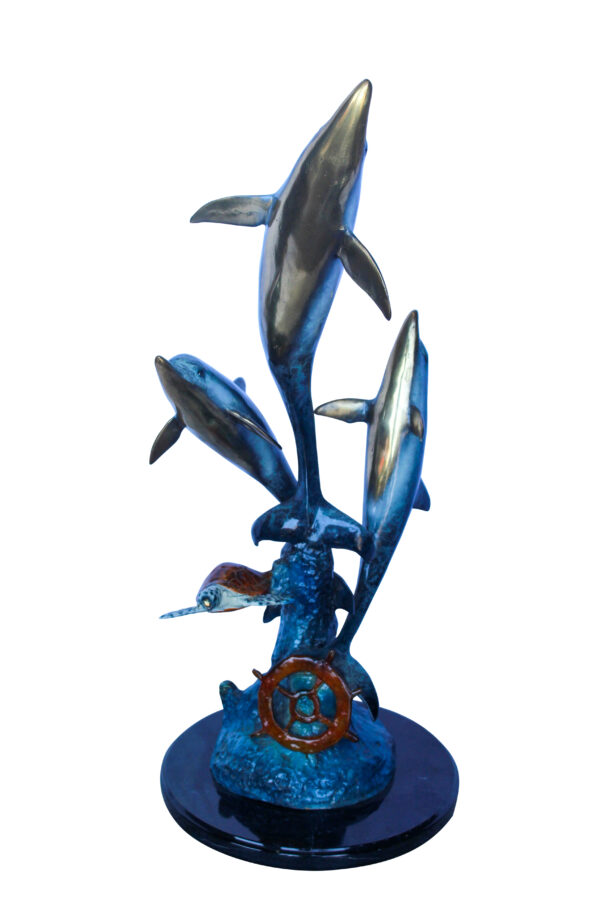 Three Dolphins Jumping, Sea Turtle, Colored Bronze Statue 11" x 11" x 24"H