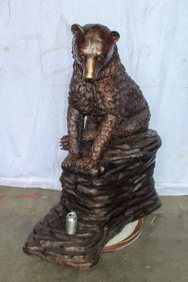 Life Size Bronze Statue of a Bear Sitting on A Rock 43" x 29" x 51"H - Image 3