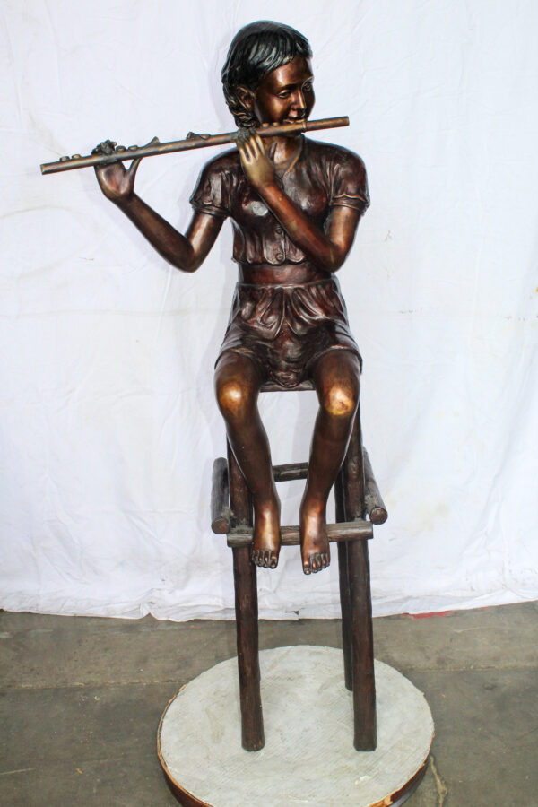 Young Girl Playing the Flute sitting on a Chair Bronze Statue 24" x 16" x 58"H - Image 3