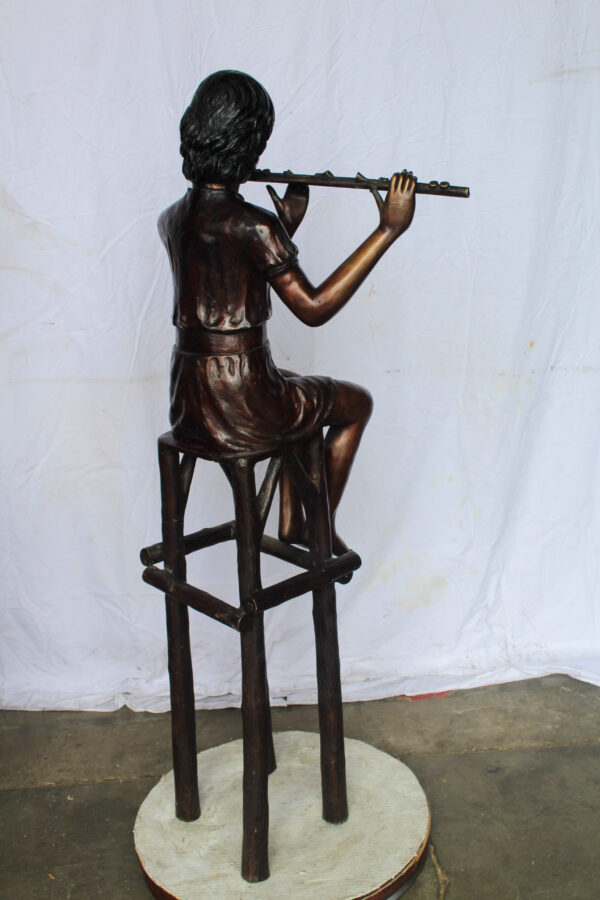 Young Girl Playing the Flute sitting on a Chair Bronze Statue 24" x 16" x 58"H - Image 6