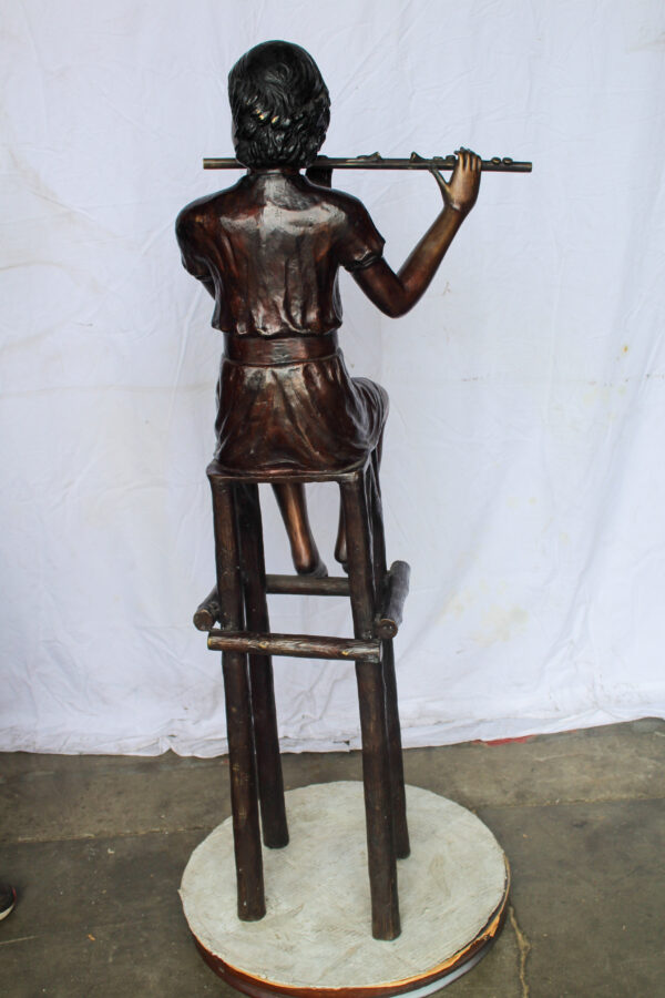 Young Girl Playing the Flute sitting on a Chair Bronze Statue 24" x 16" x 58"H - Image 7