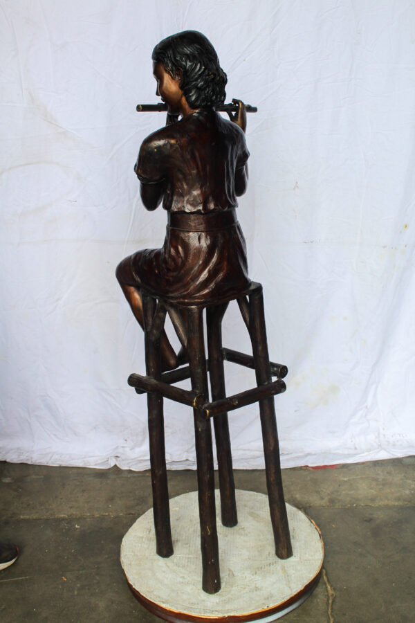 Young Girl Playing the Flute sitting on a Chair Bronze Statue 24" x 16" x 58"H - Image 8