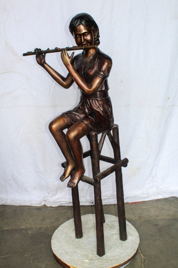 Young Girl Playing the Flute sitting on a Chair Bronze Statue 24" x 16" x 58"H - Image 10