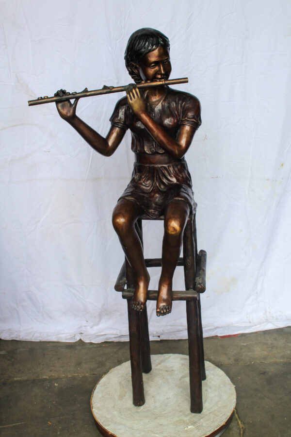 Young Girl Playing the Flute sitting on a Chair Bronze Statue 24" x 16" x 58"H - Image 11