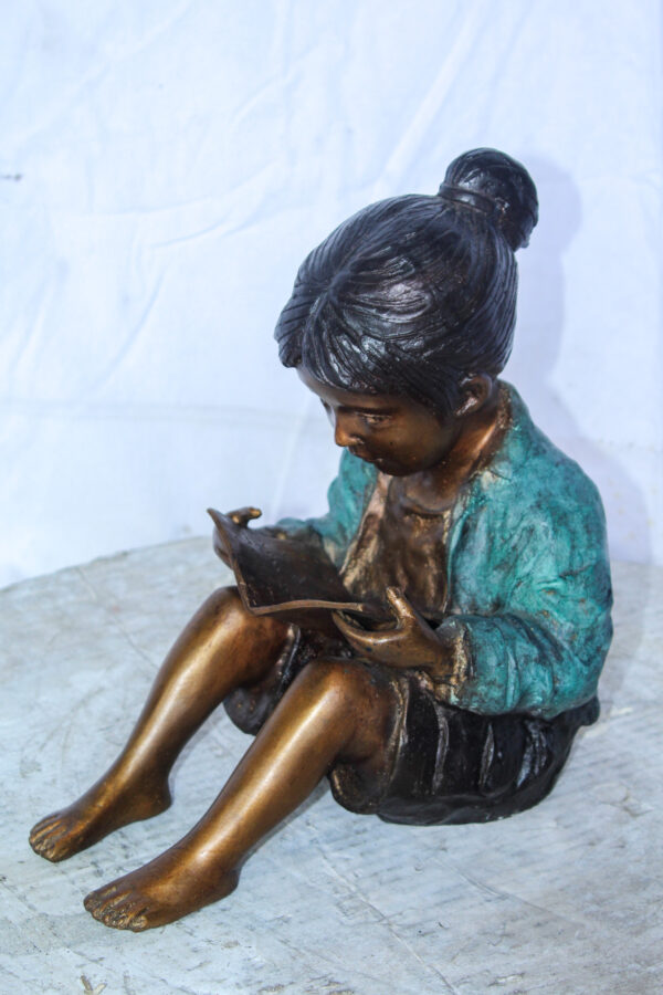 Charming Young Girl Sitting and Reading a Book Bronze Statue 11" x 8" x 12"H - Image 10
