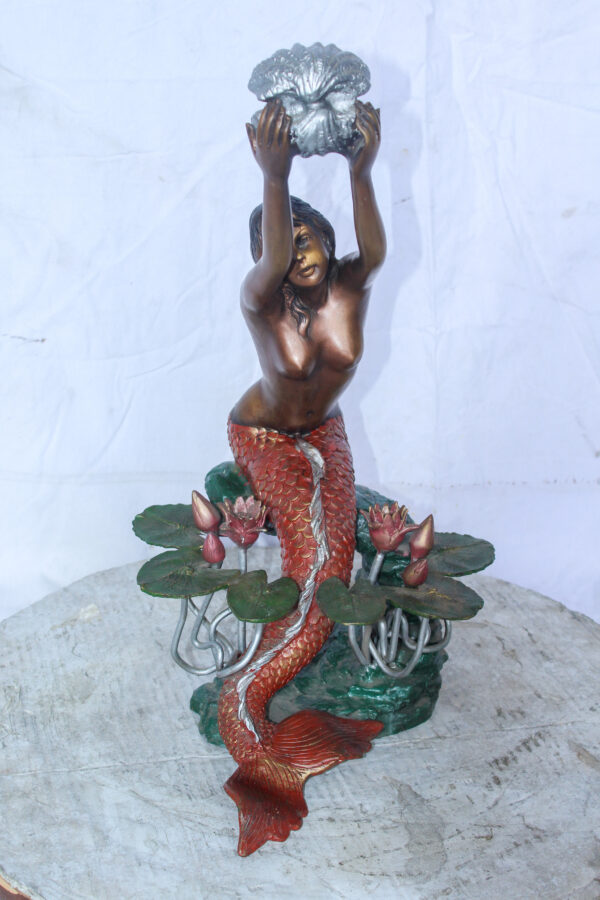 Colorful Mermaid Holding Shell Bronze Fountain 14" x 13" x 21"H - Image 3