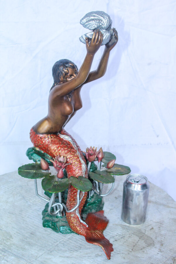 Colorful Mermaid Holding Shell Bronze Fountain 14" x 13" x 21"H - Image 4