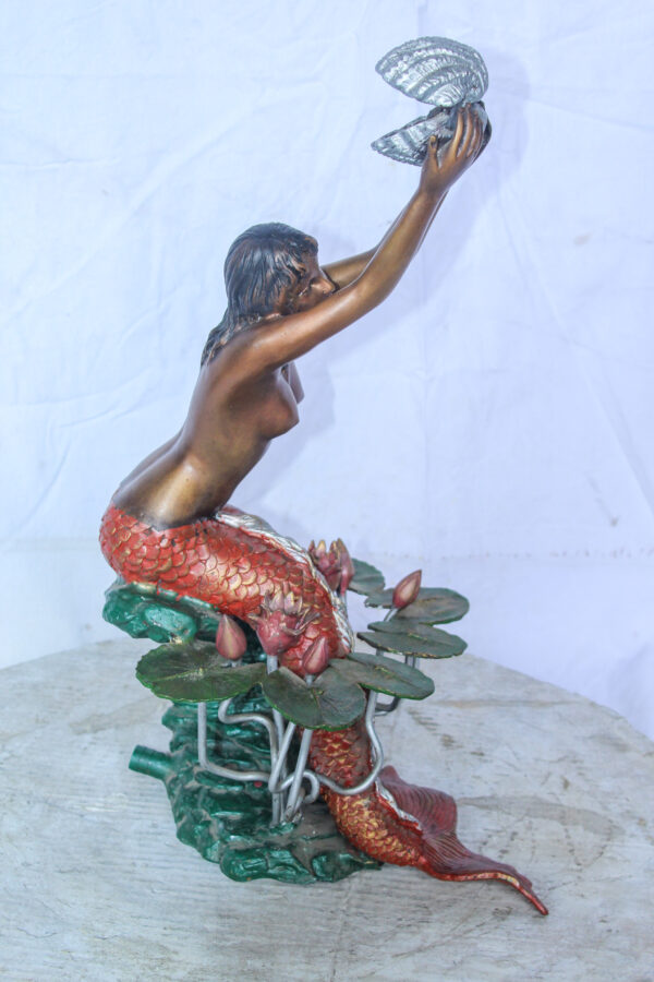 Colorful Mermaid Holding Shell Bronze Fountain 14" x 13" x 21"H - Image 5