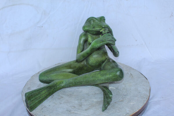Musical Frog Playing Flute Bronze Statue with Green Patina 20" x 18" x 12"H - Image 3