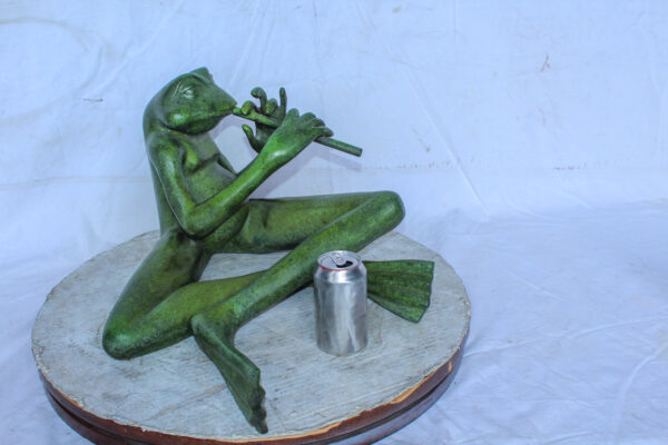 Musical Frog Playing Flute Bronze Statue with Green Patina 20" x 18" x 12"H - Image 4