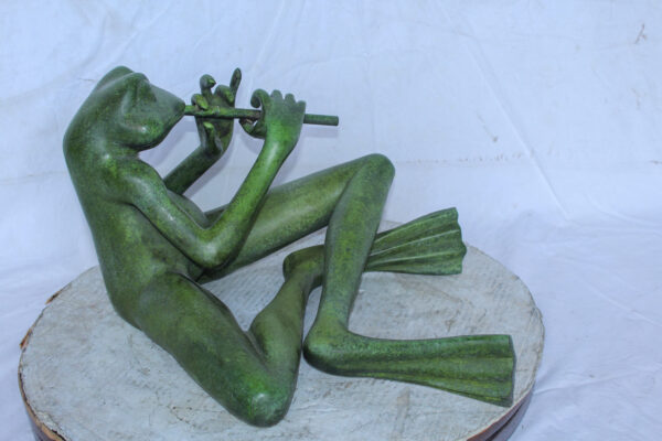 Musical Frog Playing Flute Bronze Statue with Green Patina 20" x 18" x 12"H - Image 5