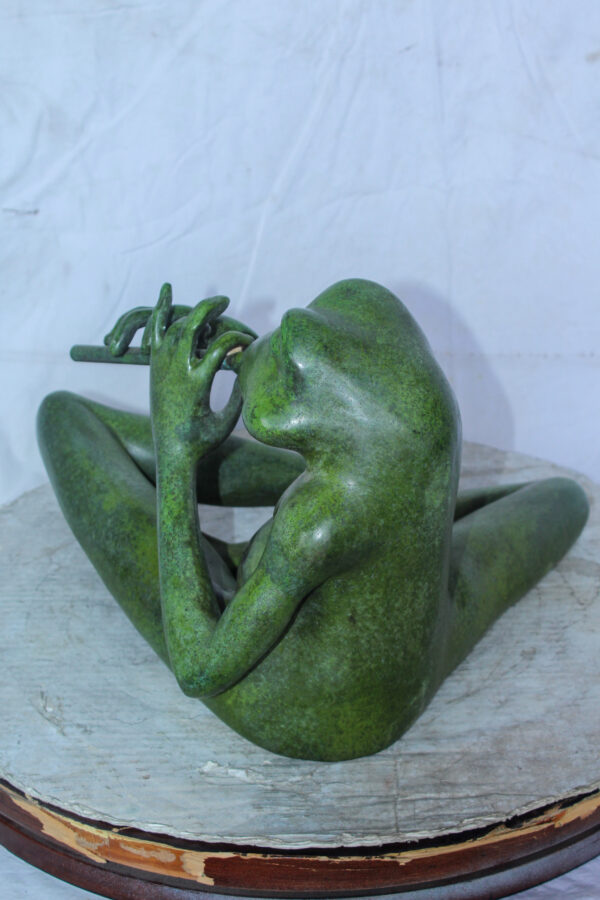 Musical Frog Playing Flute Bronze Statue with Green Patina 20" x 18" x 12"H - Image 7