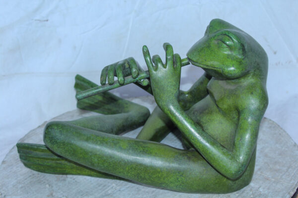 Musical Frog Playing Flute Bronze Statue with Green Patina 20" x 18" x 12"H - Image 8