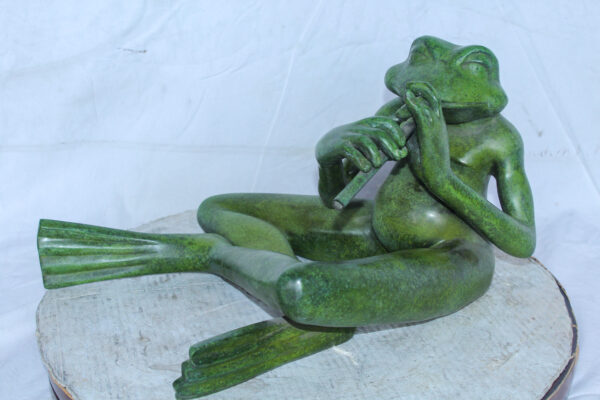 Musical Frog Playing Flute Bronze Statue with Green Patina 20" x 18" x 12"H - Image 9
