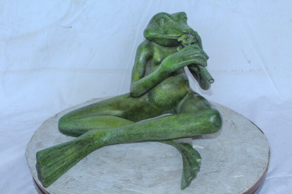 Musical Frog Playing Flute Bronze Statue with Green Patina 20" x 18" x 12"H - Image 10