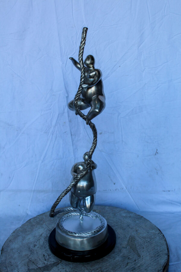 Two Voluptuous Women Climbing a Rope Statue, Silver Finish 10" x 10" x 29"H - Image 4
