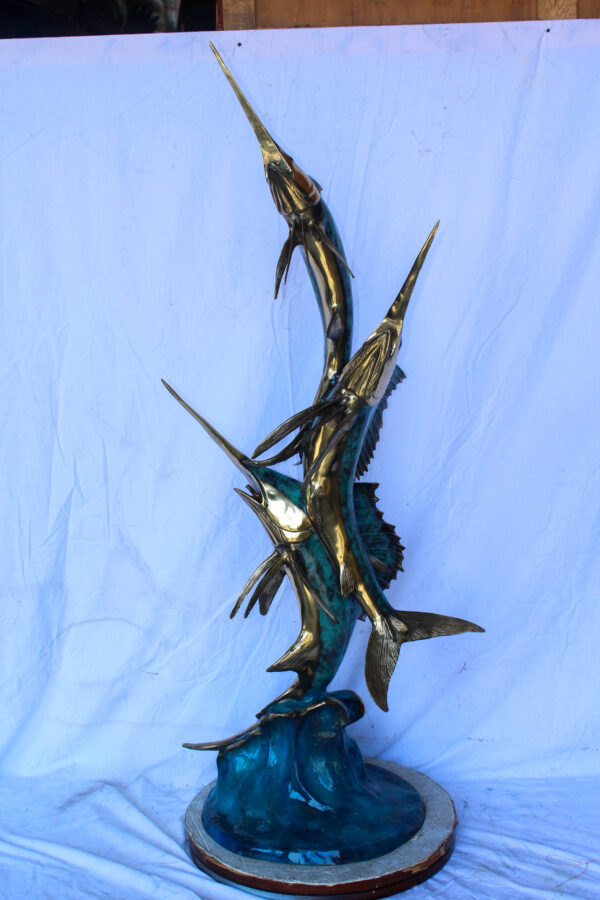 Bronze Statue, School of Three Sailfish Jumping of the Water 28" x 18" x 66"H - Image 3