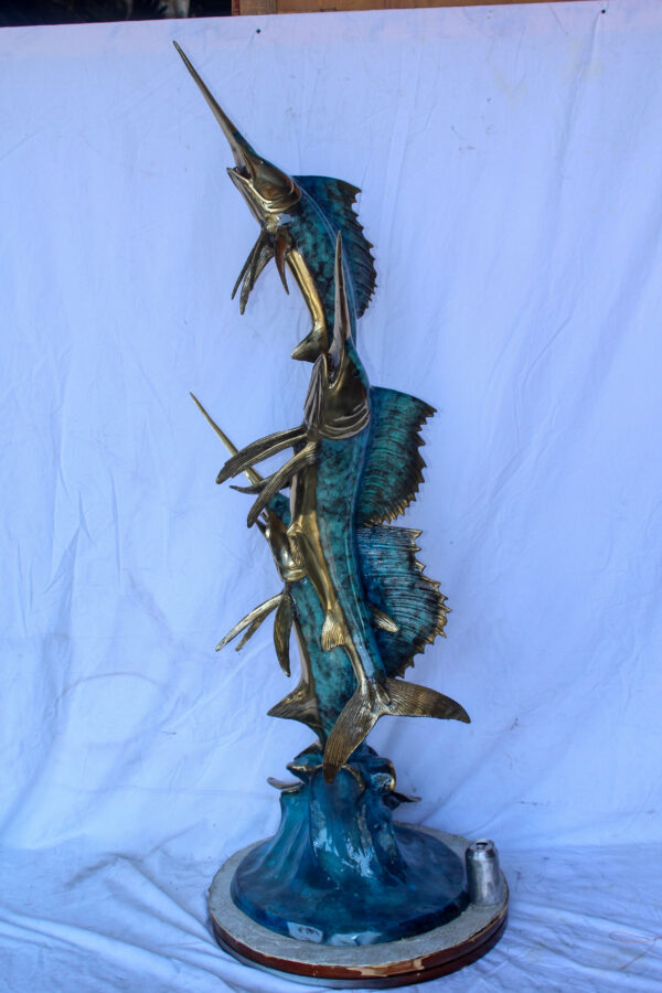 Bronze Statue, School of Three Sailfish Jumping of the Water 28" x 18" x 66"H - Image 4
