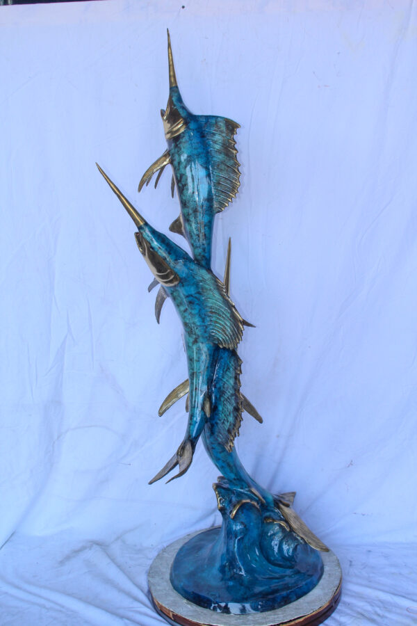 Bronze Statue, School of Three Sailfish Jumping of the Water 28" x 18" x 66"H - Image 6
