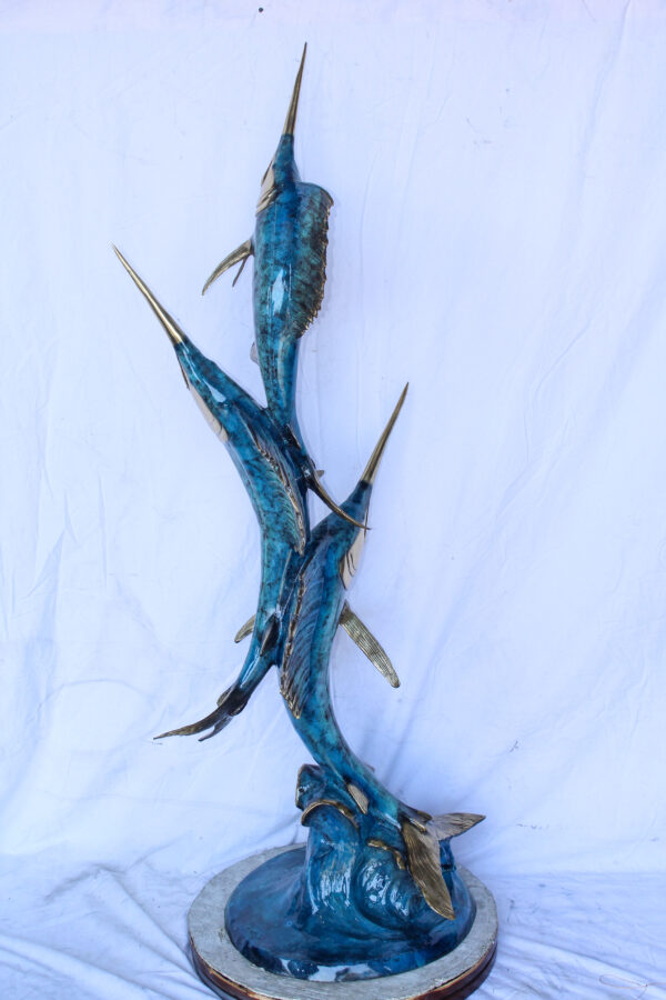 Bronze Statue, School of Three Sailfish Jumping of the Water 28" x 18" x 66"H - Image 7