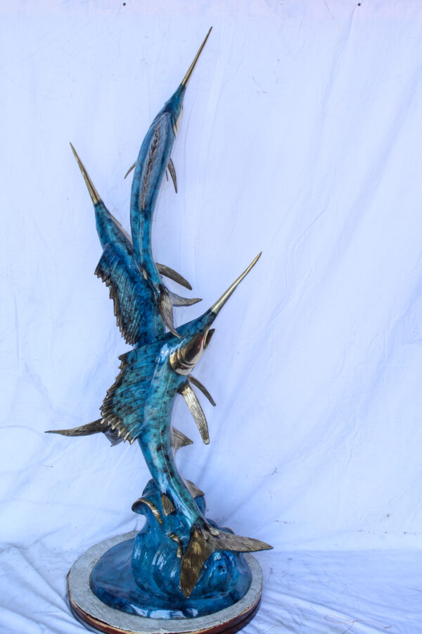 Bronze Statue, School of Three Sailfish Jumping of the Water 28" x 18" x 66"H - Image 8