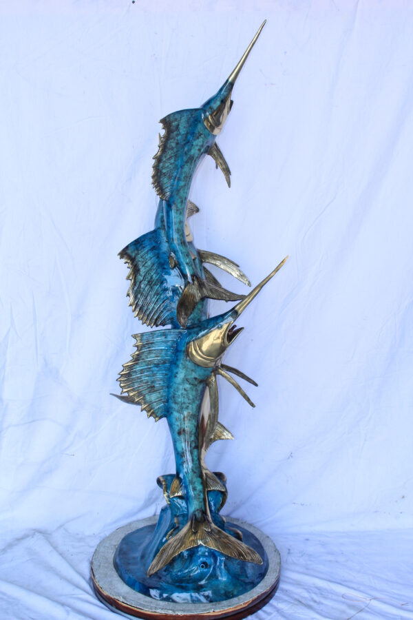Bronze Statue, School of Three Sailfish Jumping of the Water 28" x 18" x 66"H - Image 9